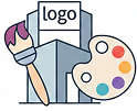 Ilustrace budovy se znakem loga, velkým štětcem a barevnou malířskou paletou, která představuje grafický design nebo tvorbu loga.