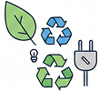 Ikony zeleného listu, dvou recyklačních symbolů, žárovky a šedé elektrické zástrčky, které představují koncepty udržitelnosti, recyklace a ekologické energie.