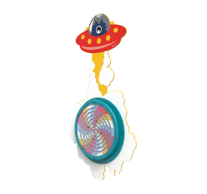 Barevná nástěnná senzorická hračka s kresleným UFO s usměvavým obličejem nahoře a velkým rotujícím diskem s vířícími vzory dole.