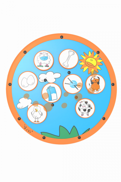 Kulatý panel s oranžovými okraji a kresbami ovce, kosti, slunce, vajec, mraků, ptáka, prasete, kuřete, krabice s mlékem a krávy na modrém pozadí se zelenou trávou ve spodní části.
