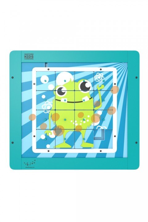 Posuvné puzzle v modrém rámečku se zelenou usměvavou kreslenou příšerkou s velkýma očima, bublinami a pruhovaným modrým pozadím. Příšerka se vlní a je obklopena hravými oranžovými kolečky.