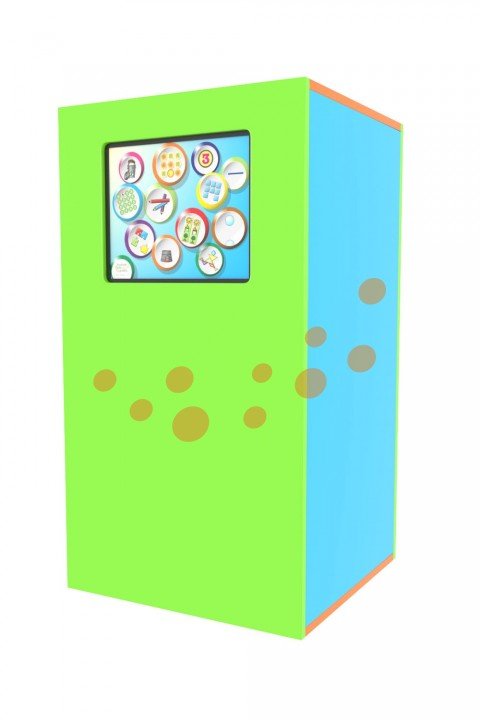 Jasně zbarvený obdélníkový kiosek se zelenými a modrými panely, oranžovými okraji a dotykovou obrazovkou zobrazující na přední straně různé kruhové ikony aplikací. Hnědé kruhy zdobí boky.
